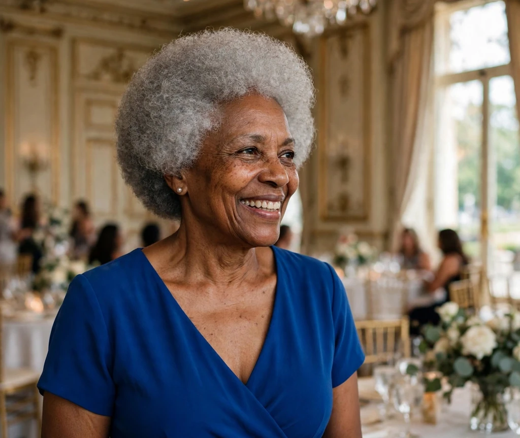 Black woman in her mid 60s with a voluminous rounded gray crop in an event hall