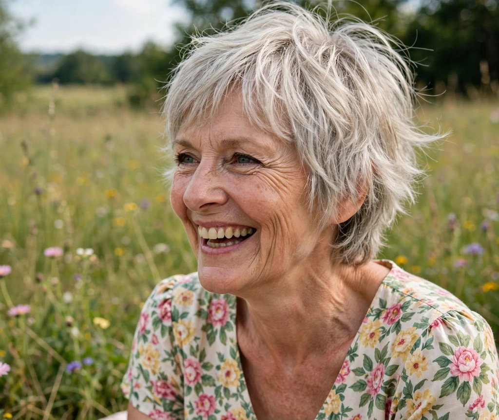 Caucasian woman in her early 60s with a short wispy silver blonde shag in a sunny meadow