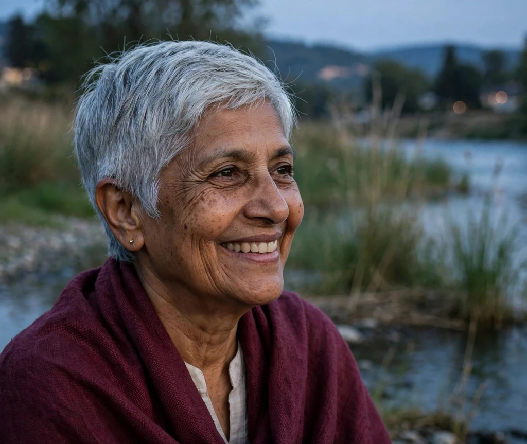 South Asian woman in her late 60s with a tapered back silver pixie by a riverside