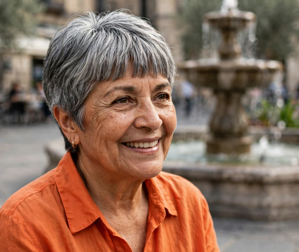 Latina woman in her late 60s with a gray pixie with full bangs near a plaza fountain