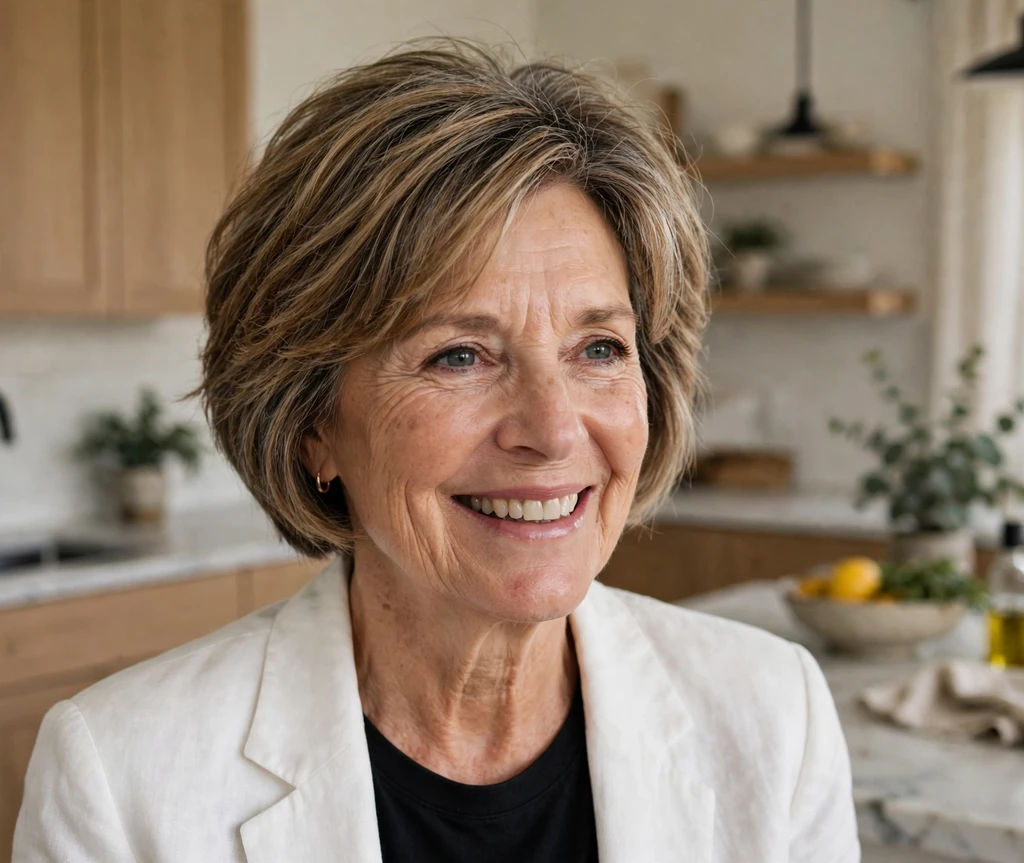 Caucasian woman in her mid 60s with a short layered caramel gray highlighted bob in a modern kitchen
