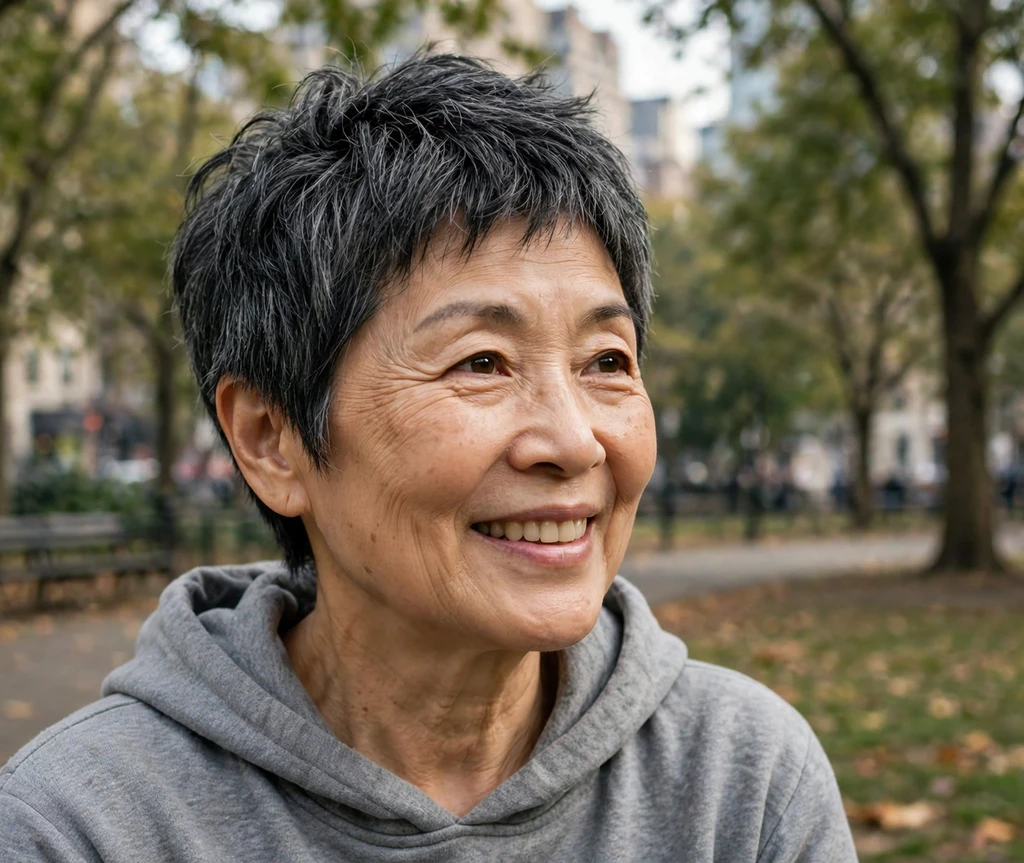 East Asian woman in her early 60s with a boyish textured dark gray crop in an urban park