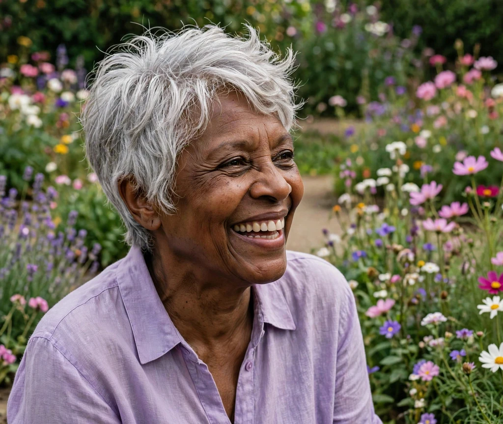 Black woman in her mid 60s with a soft flicked silver pixie in a flower garden