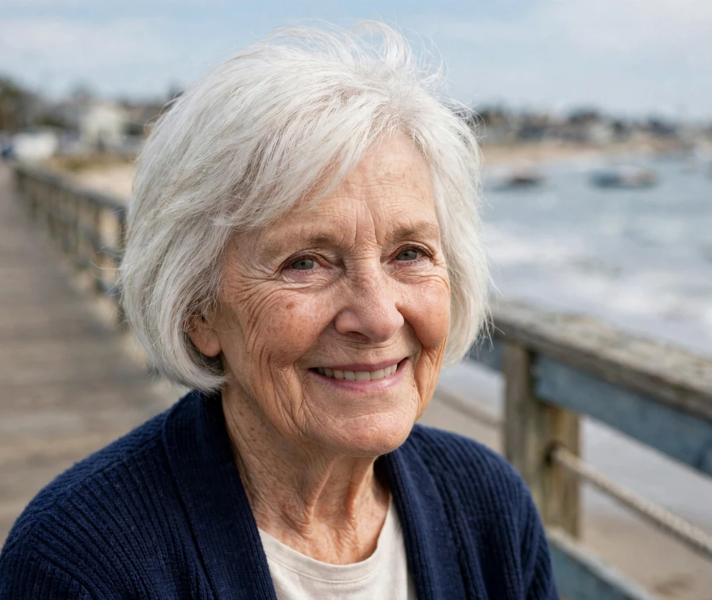 Caucasian woman in her early 70s with a short graduated white bob on a seaside boardwalk