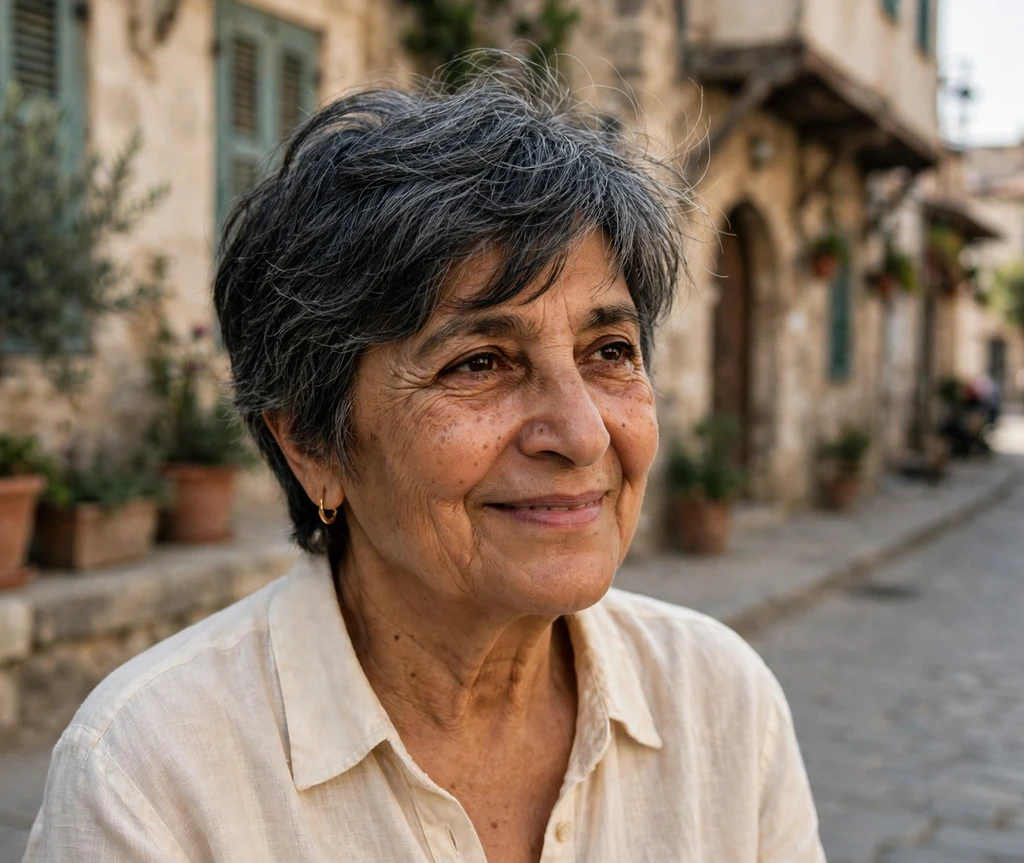 Middle Eastern woman in her mid 60s with a tousled dark gray pixie with side swept fringe on an old town street