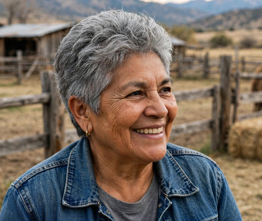 Latina woman in her late 60s with a classic textured short gray crop at a ranch