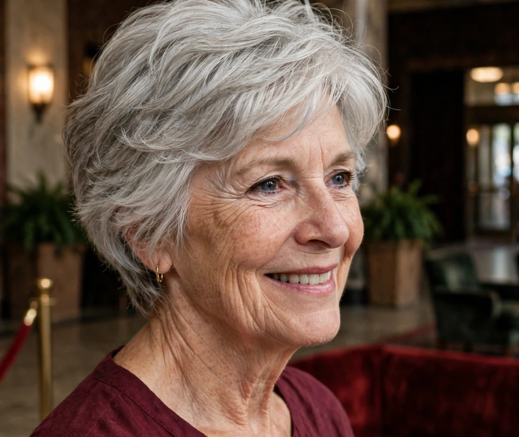 Caucasian woman in her late 60s with voluminous short silver layers in a theater lobby