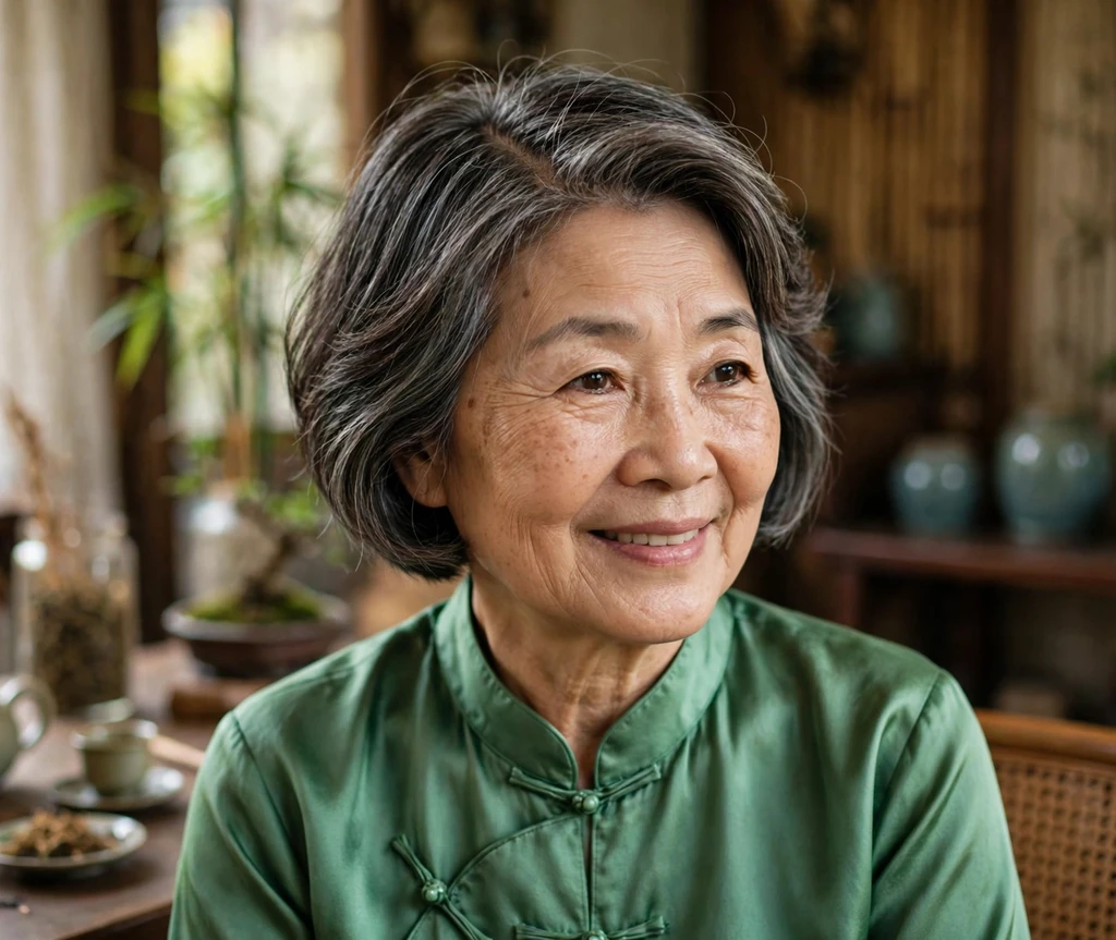 East Asian woman in her late 60s with a salt and pepper short bob with deep side part in a tea house
