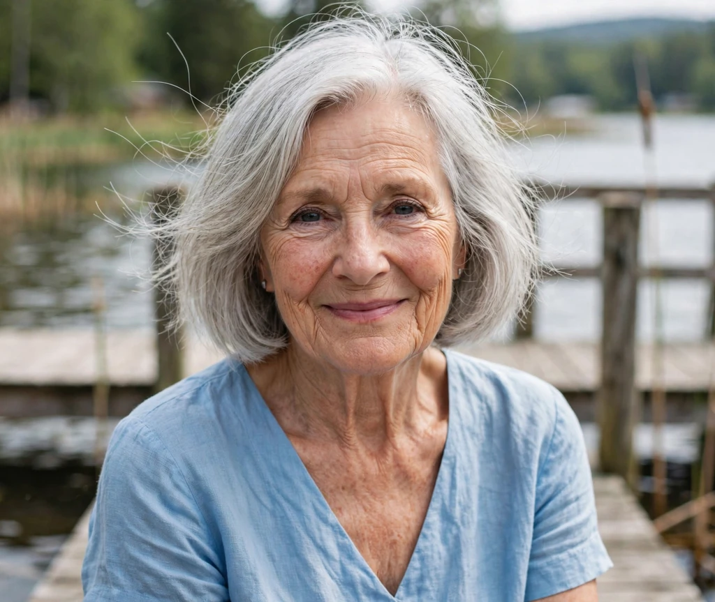 Caucasian woman in her early 70s with a feathered silver bob on a lakeside dock