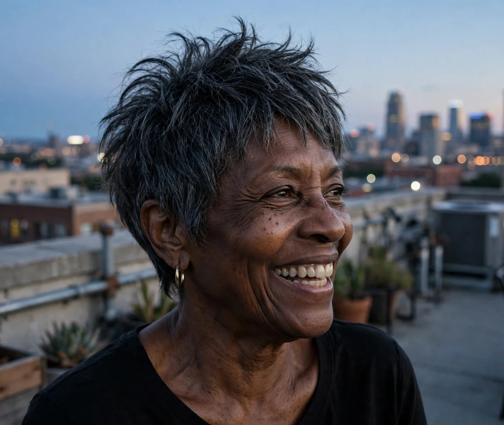 Black woman in her early 60s with an edgy choppy dark gray pixie on a downtown rooftop