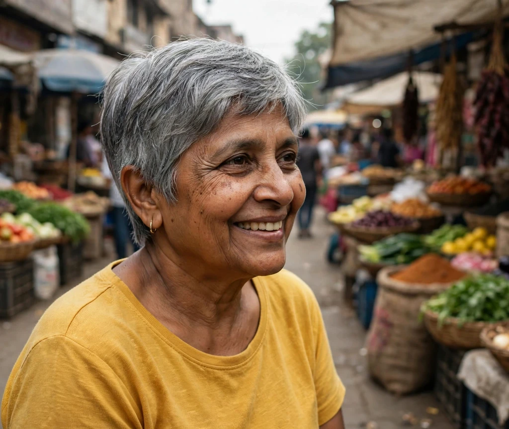 South Asian woman in her mid 60s with a soft tapered gray pixie bob on a market street