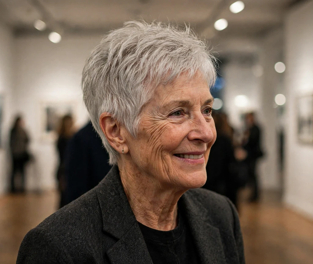 Caucasian woman in her mid 60s with a short stacked platinum gray wedge at a gallery opening