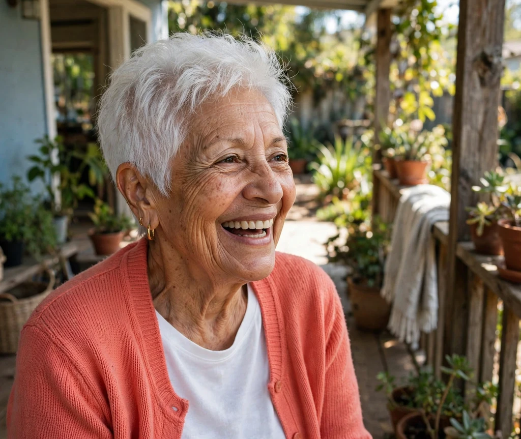 Latina woman in her early 70s with an airy textured white crop on a sunny porch