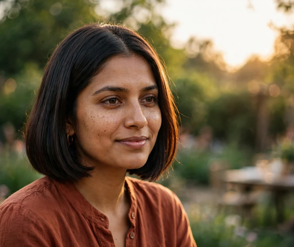 Woman with an oval face wearing a sleek chin-length dark brown bob at a garden party