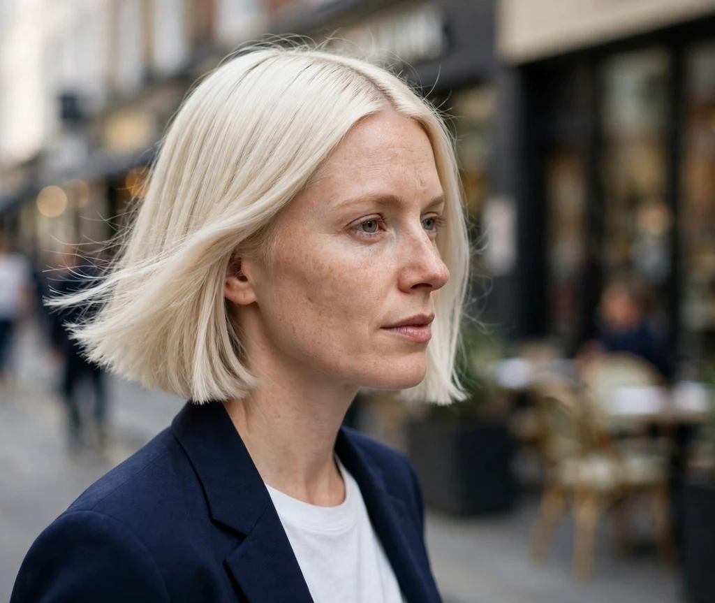 Platinum blonde blunt bob with center part on a woman with an oval face