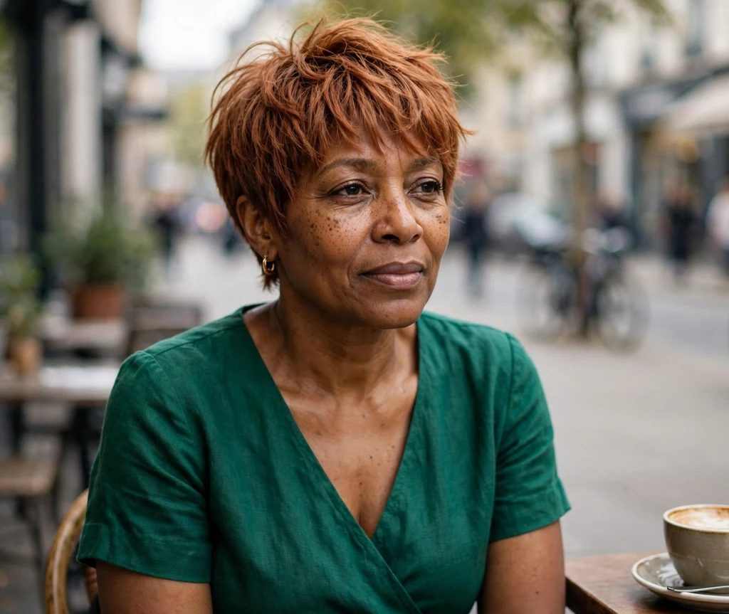 Copper textured pixie with wispy bangs on a woman with an oval face