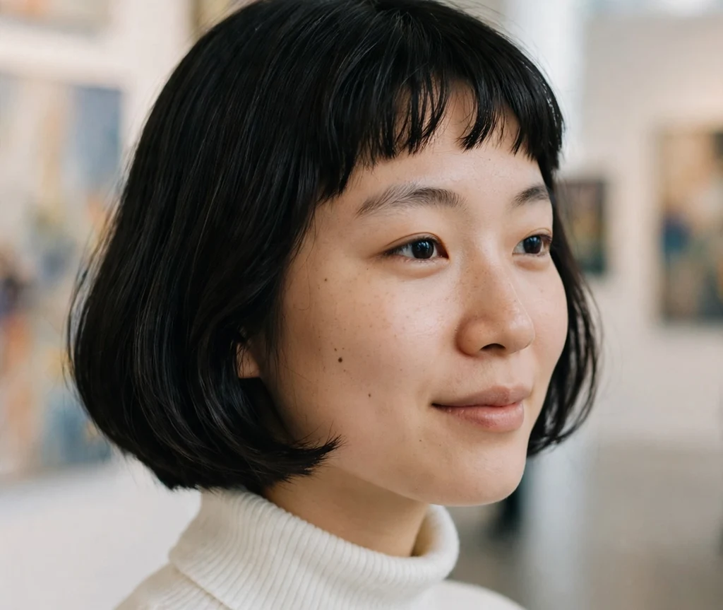 Jet black French bob with micro bangs on a woman with an oval face