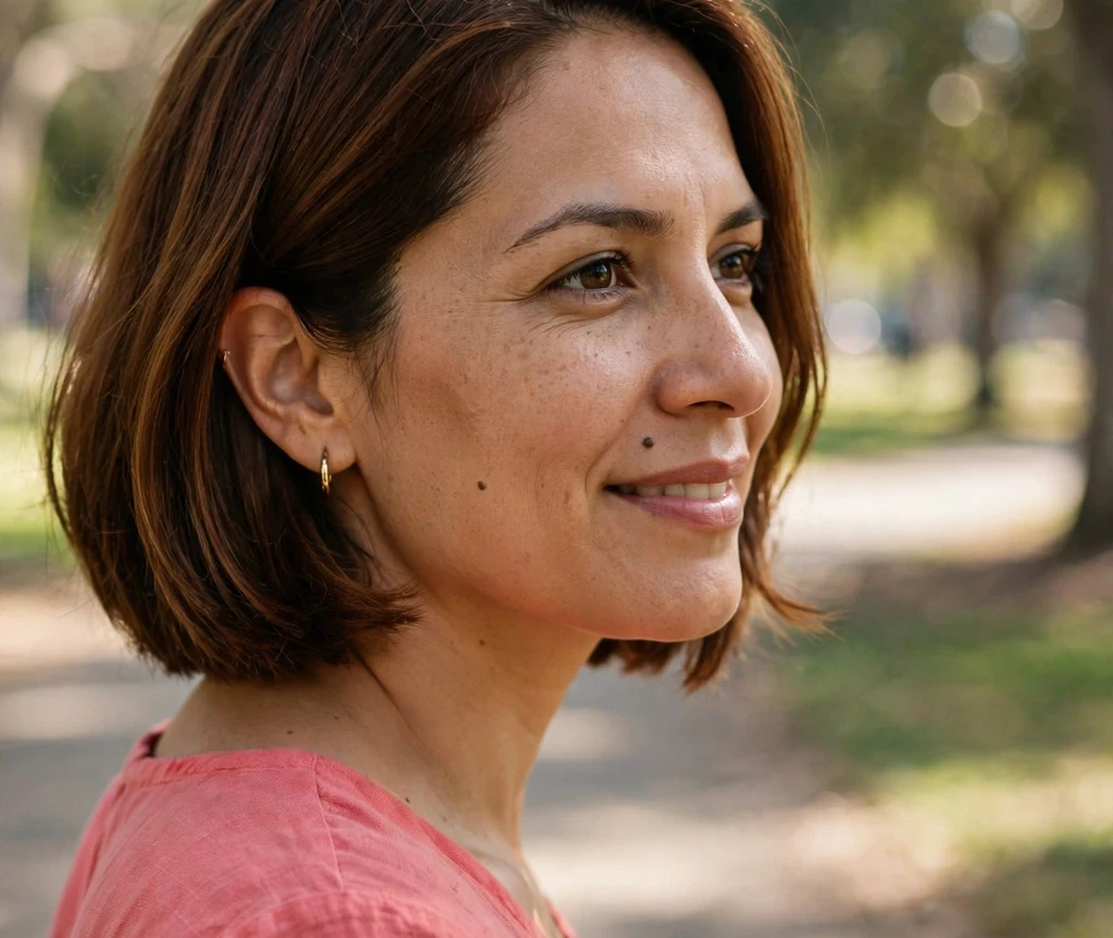 Chestnut chin-length bob with deep side part on a woman with an oval face