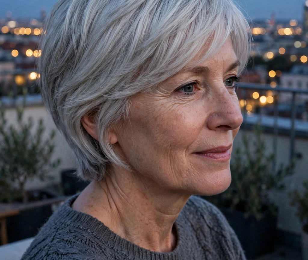 Silver long pixie with side-swept bangs on a woman with an oval face
