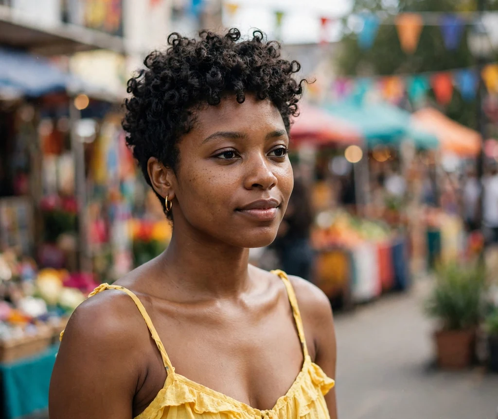 Cropped curly pixie of natural coils on a woman with an oval face