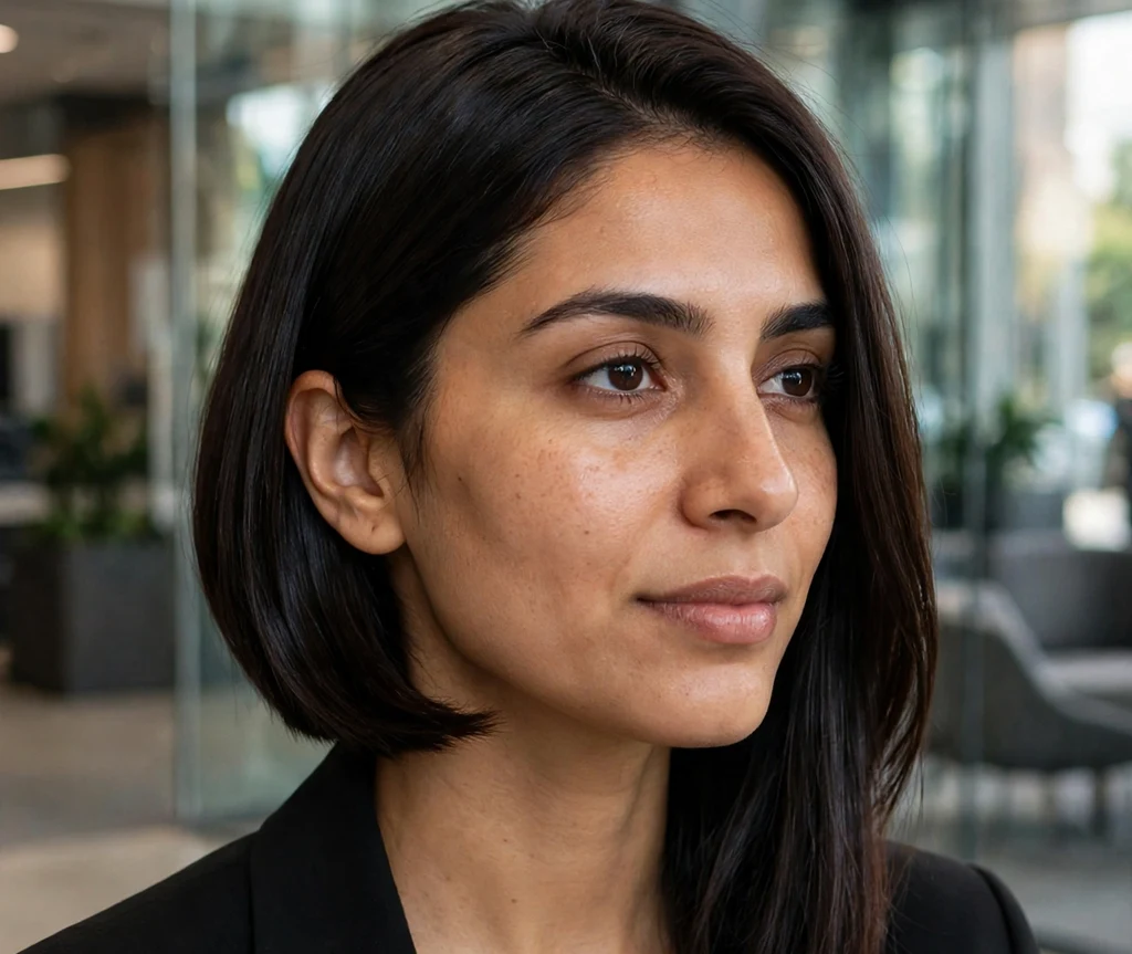 Sleek dark asymmetrical bob on a woman with an oval face