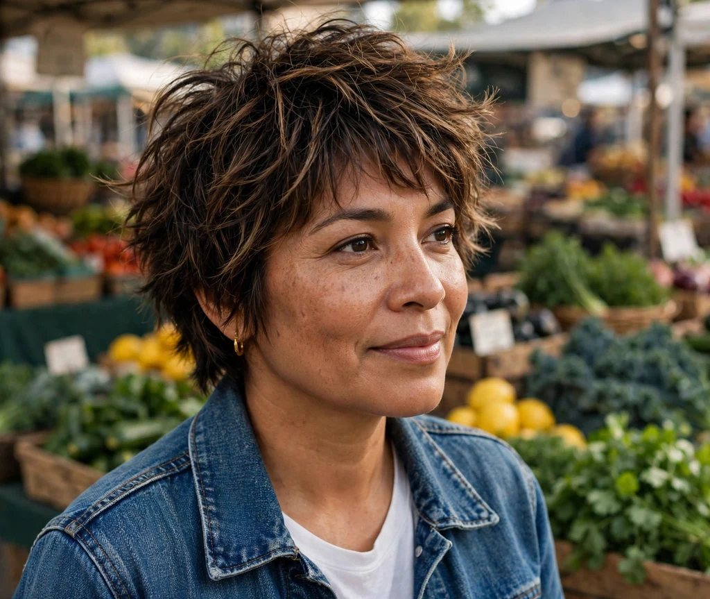 Shaggy layered pixie with highlights on a woman with an oval face