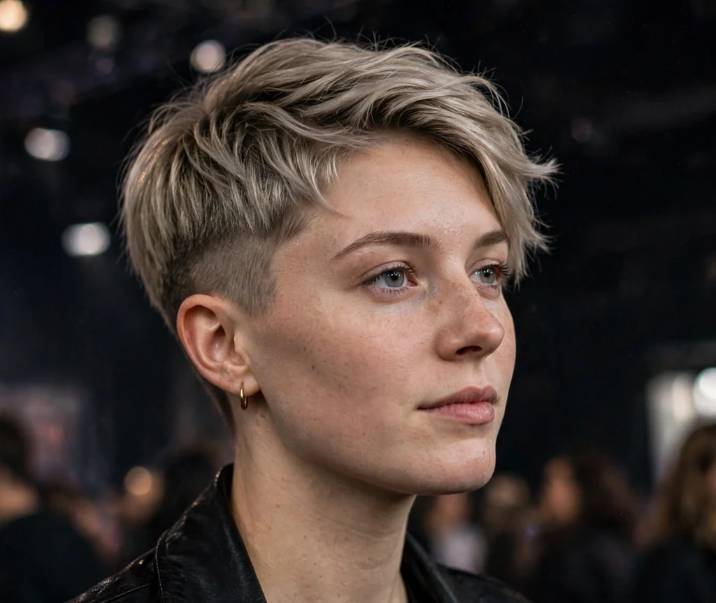 Ash blonde undercut pixie with longer textured top on a woman with an oval face