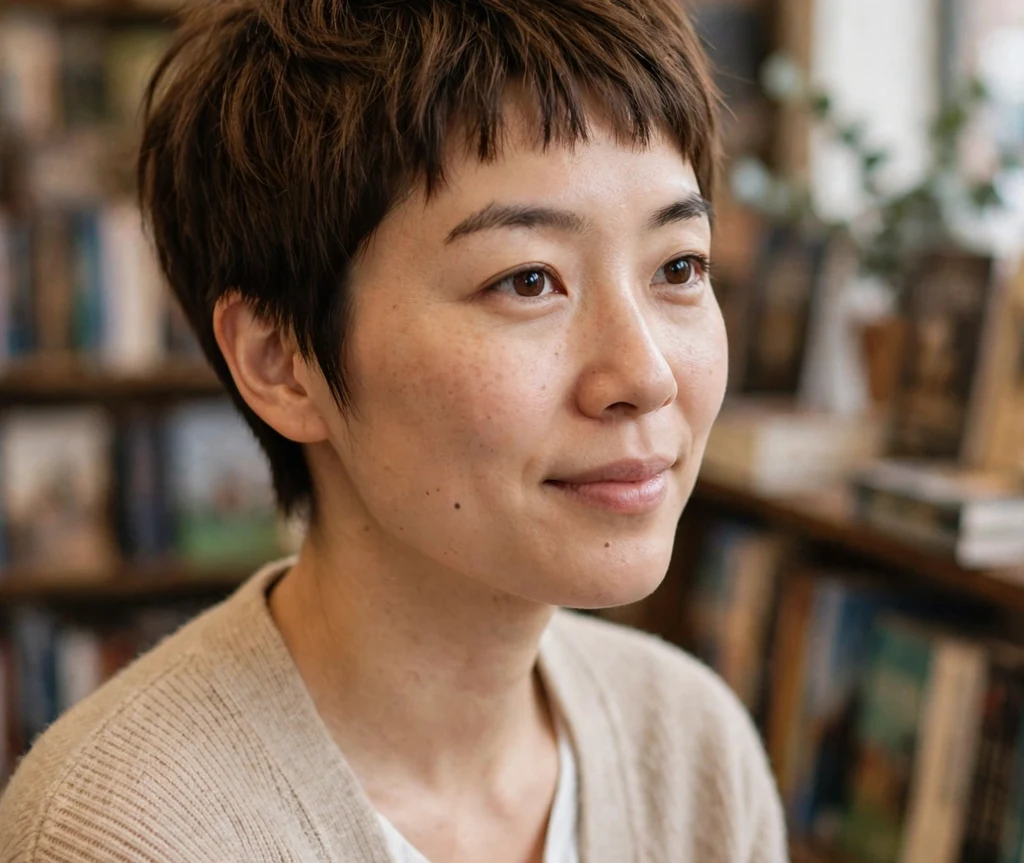 Brown pixie with short baby bangs on a woman with an oval face