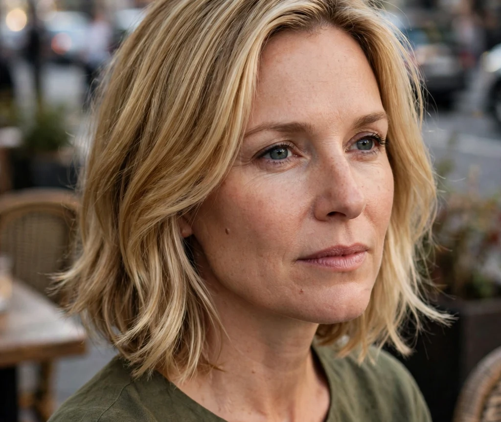 Honey blonde layered bob with face-framing pieces on a woman with an oval face