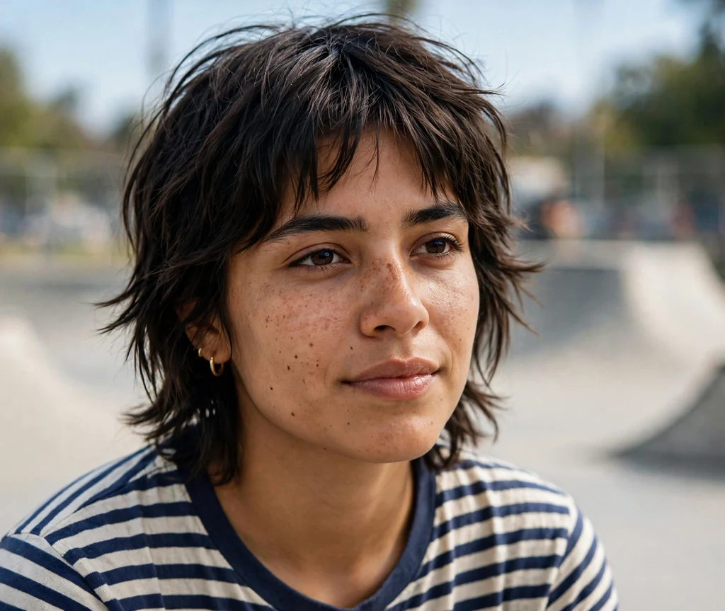 Choppy dark brown short shag with razored layers on a woman with an oval face