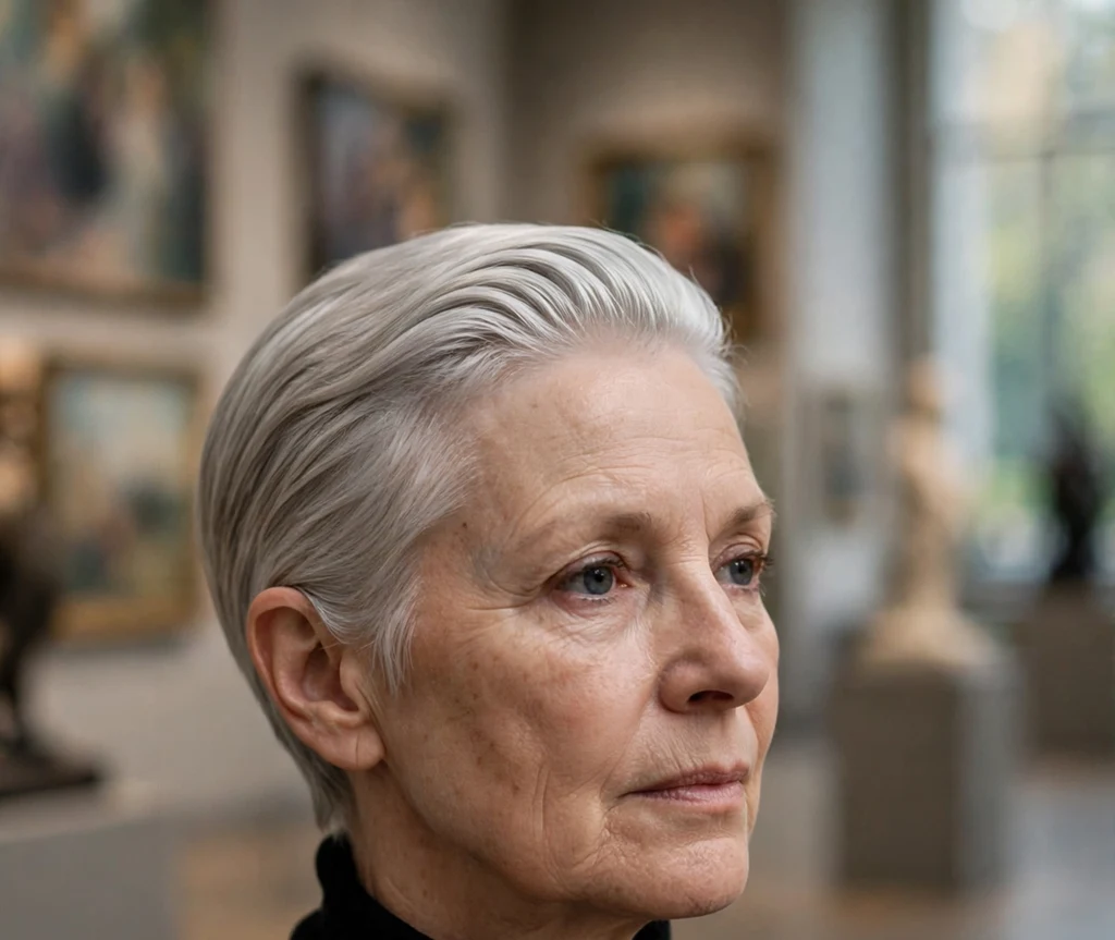 Slicked-back silver pixie on a woman with an oval face