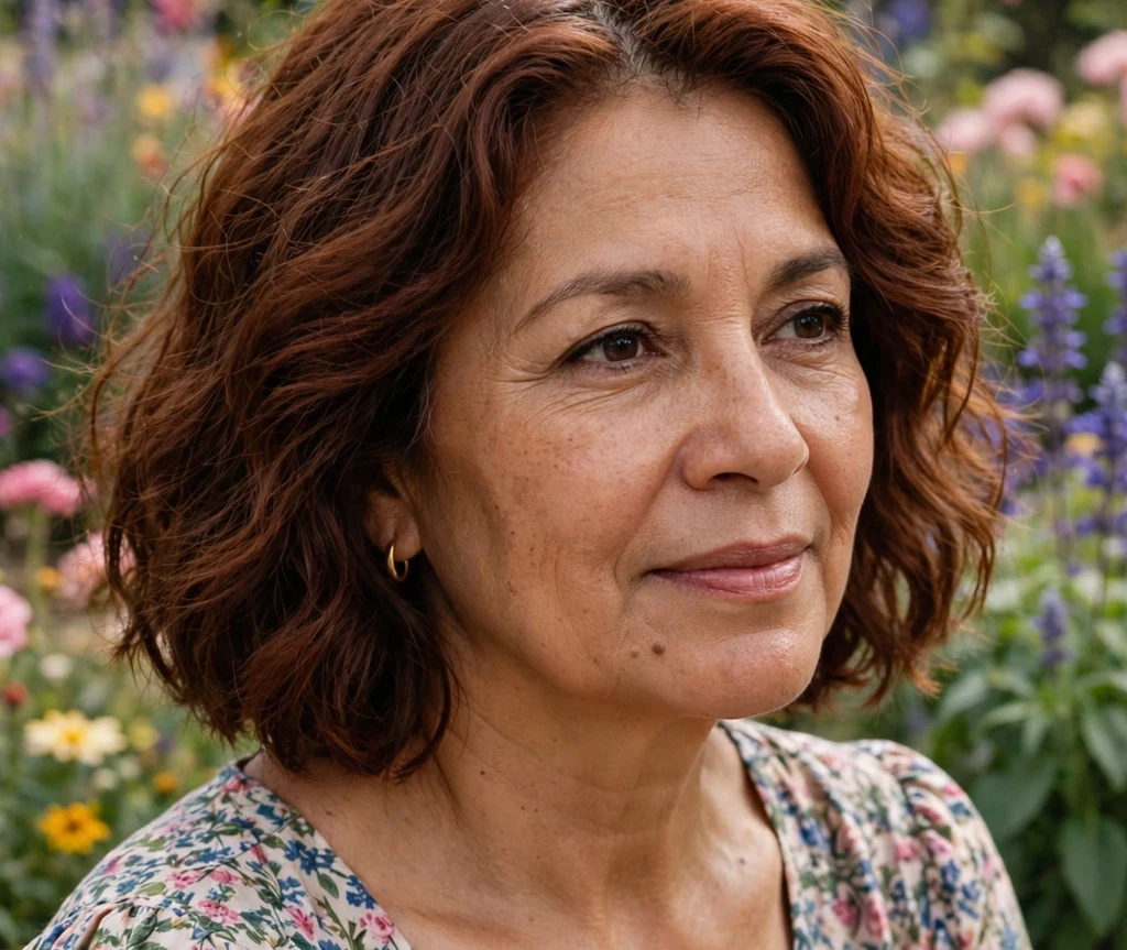Wavy auburn chin-length bob on a woman with an oval face