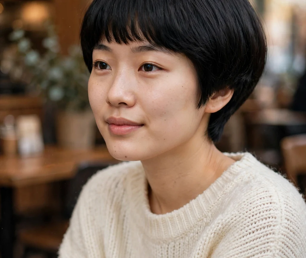 Modern jet black bowl cut on a woman with an oval face