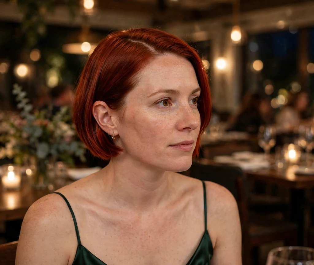 Red short bob with deep side part on a woman with an oval face