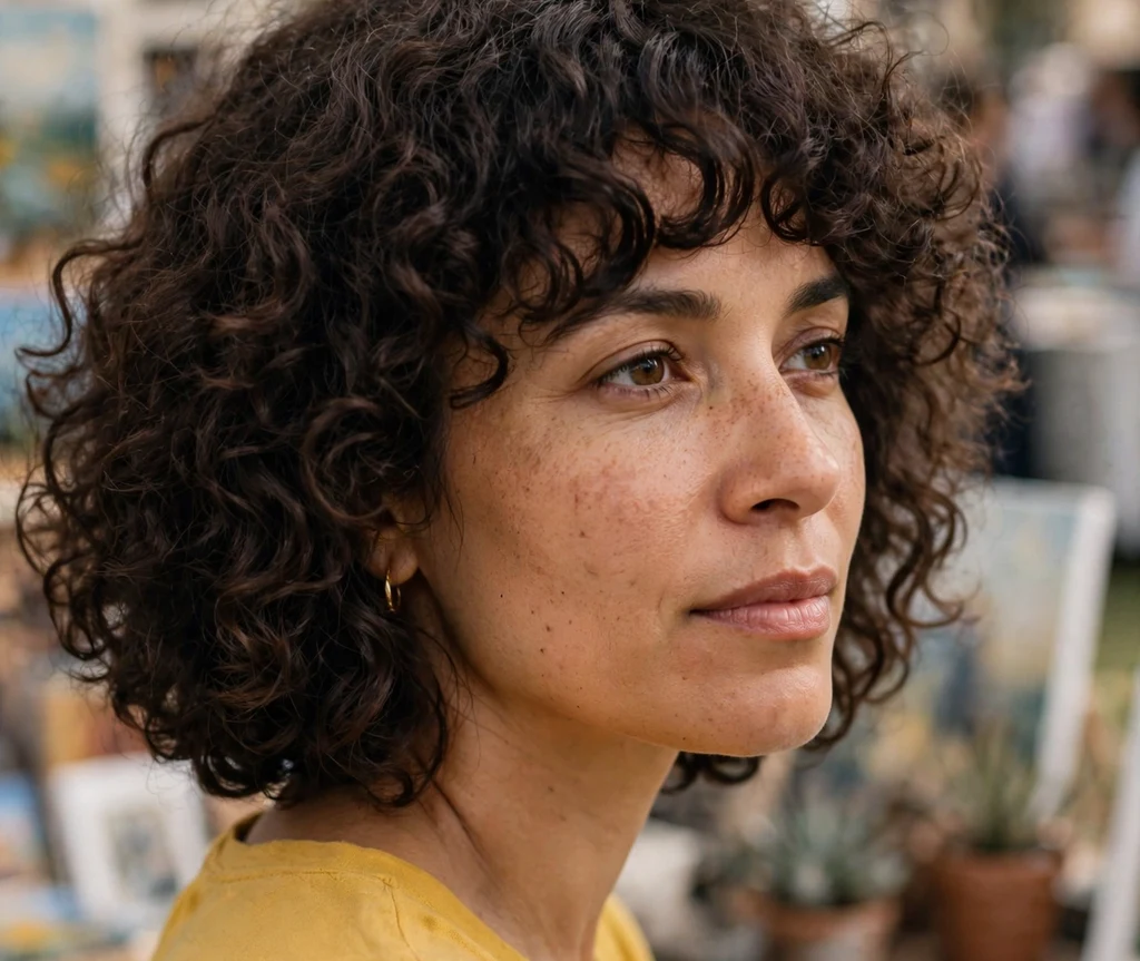Curly bob with full bangs on a woman with an oval face