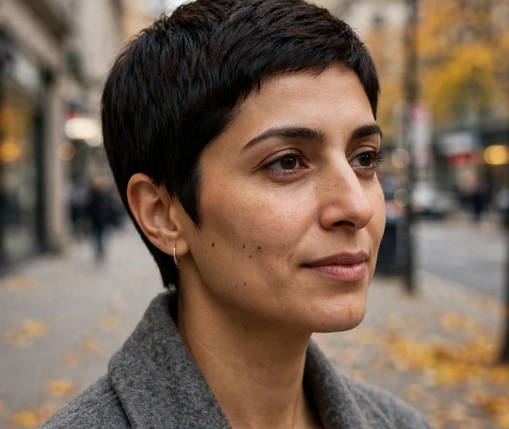 Precision dark pixie crop on a woman with an oval face