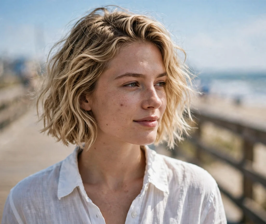 Tousled sandy blonde wavy bob on a woman with an oval face