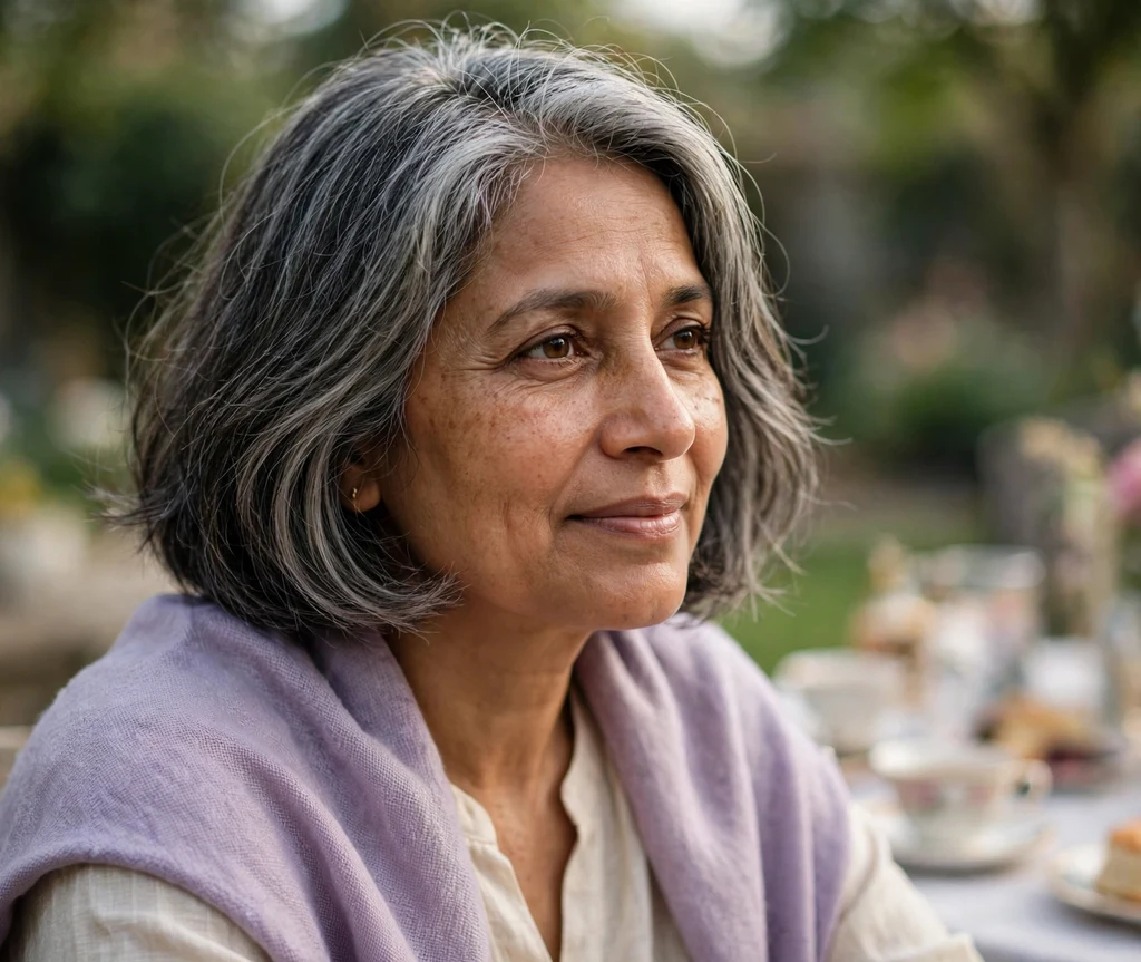 Salt-and-pepper feathered bob on a woman with an oval face