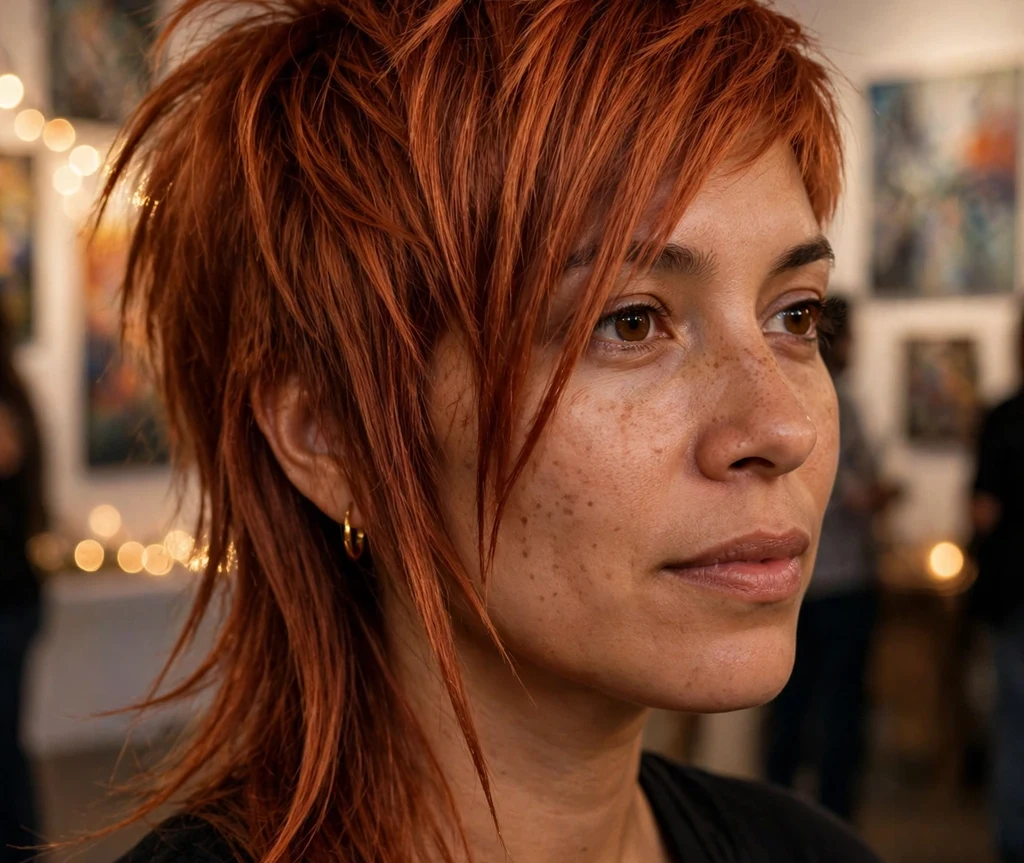 Copper asymmetric pixie with angled fringe on a woman with an oval face