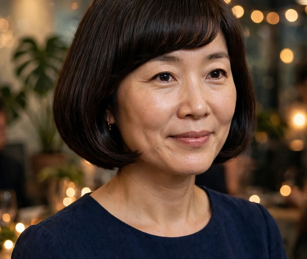 Rounded dark brown pageboy bob on a woman with an oval face
