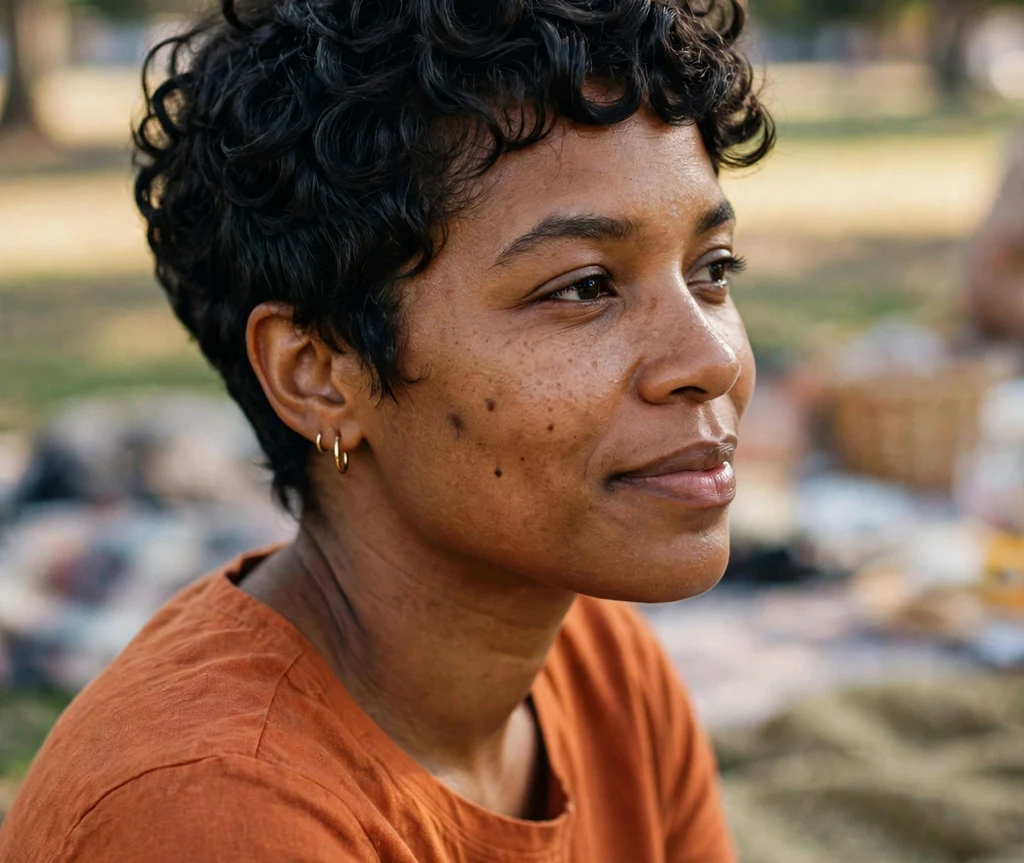 Curly pixie with defined coils on a woman with an oval face