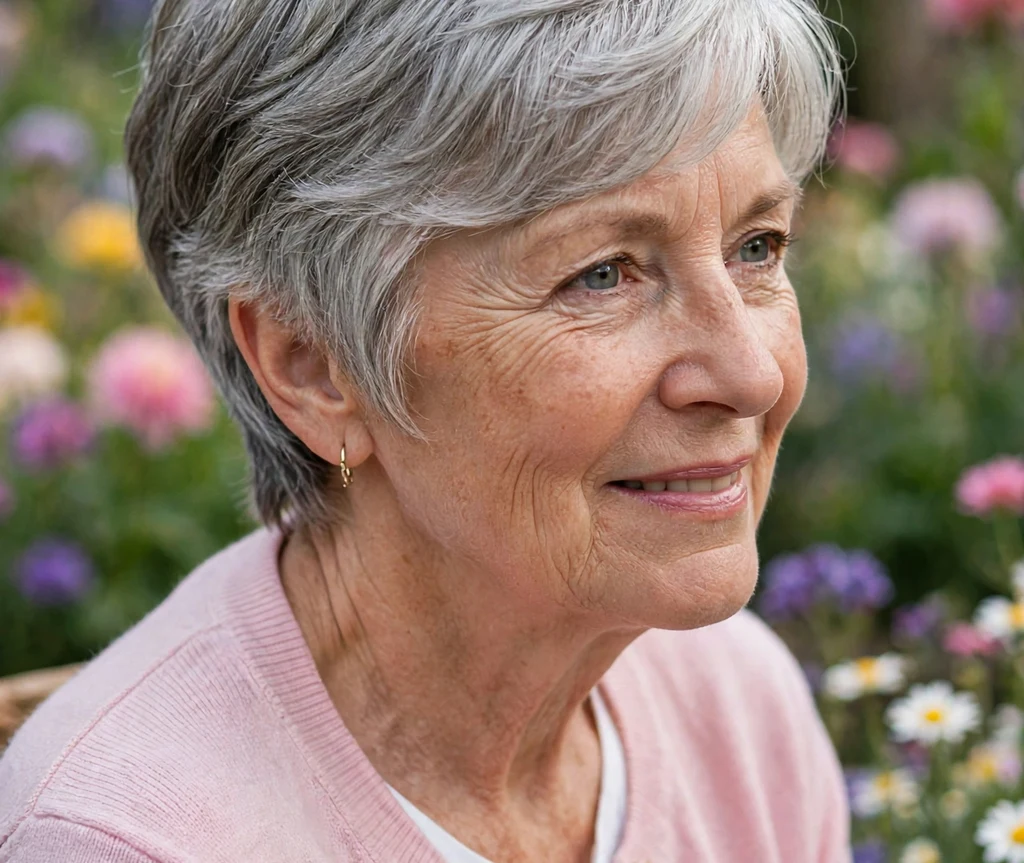Silver-gray short wedge cut on a woman with an oval face