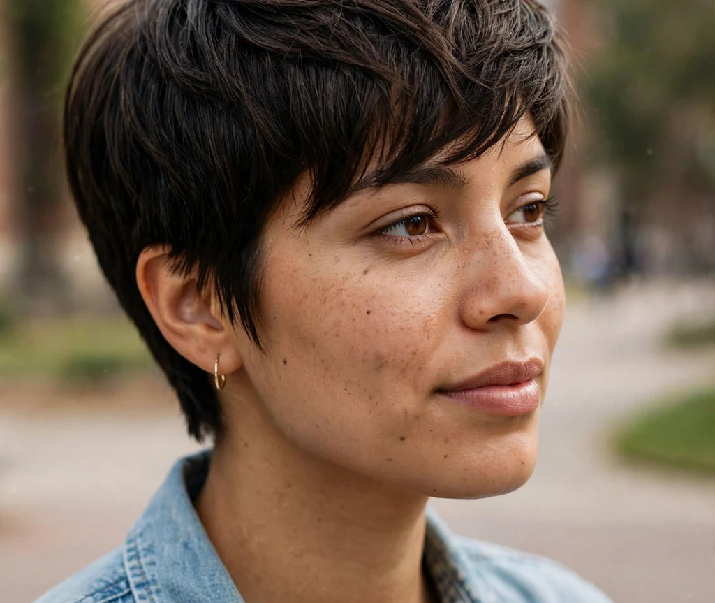 Dark brown pixie with long textured top layers on a woman with an oval face