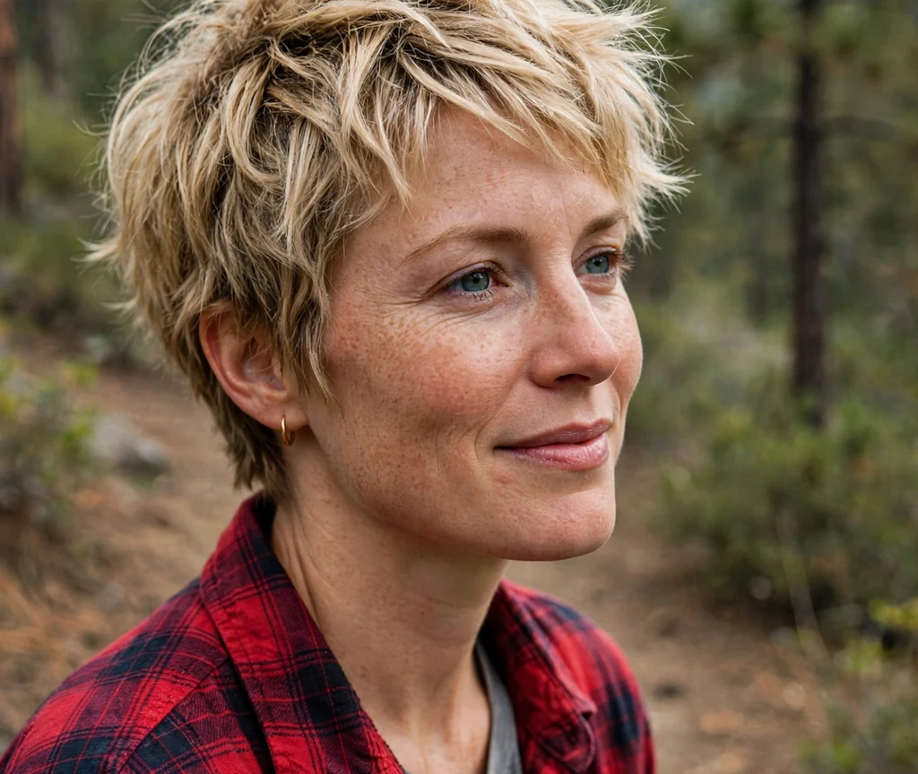 Dirty blonde side-parted cropped bob on a woman with an oval face