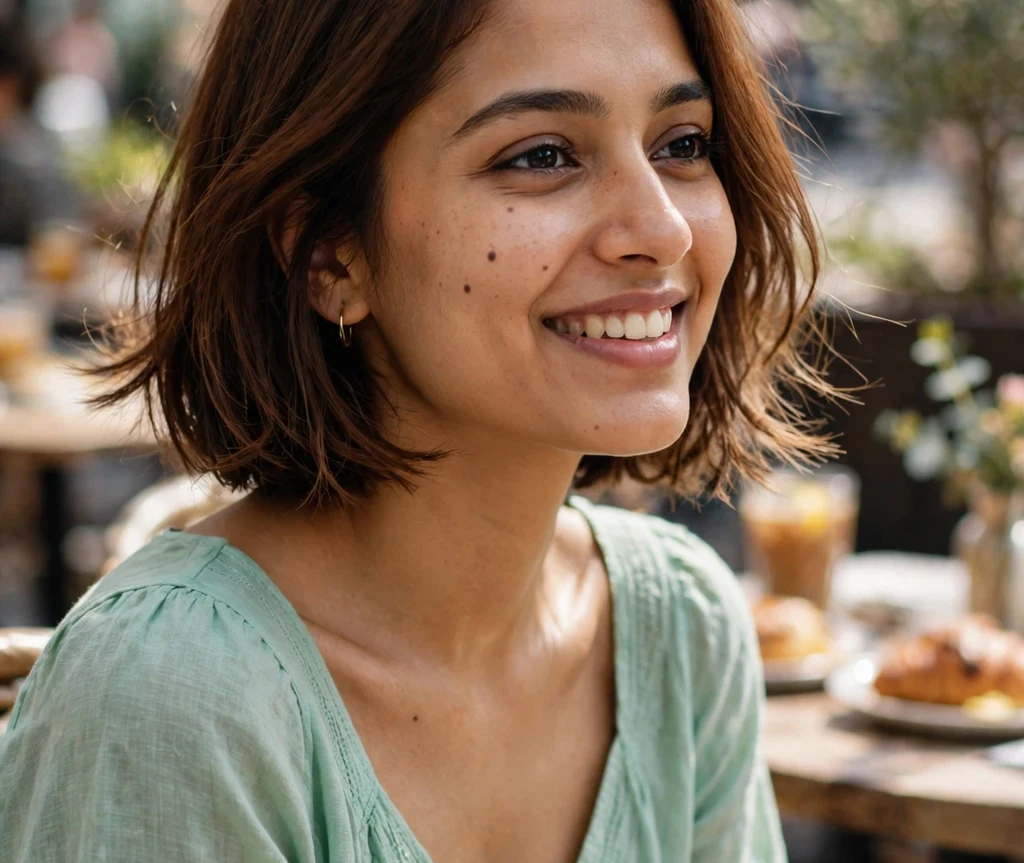 Sleek jet black ear-length bob on a woman with an oval face