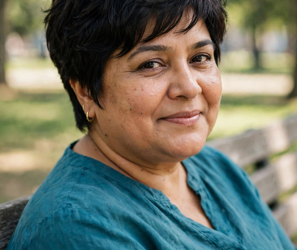 Plus size woman wearing a classic layered pixie in dark hair with feathered layers