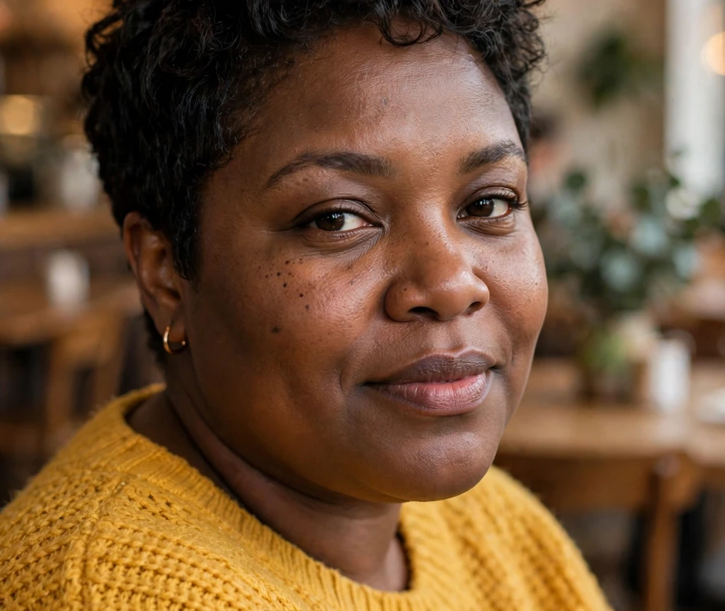 Plus size woman with a textured curly pixie in short tight coils