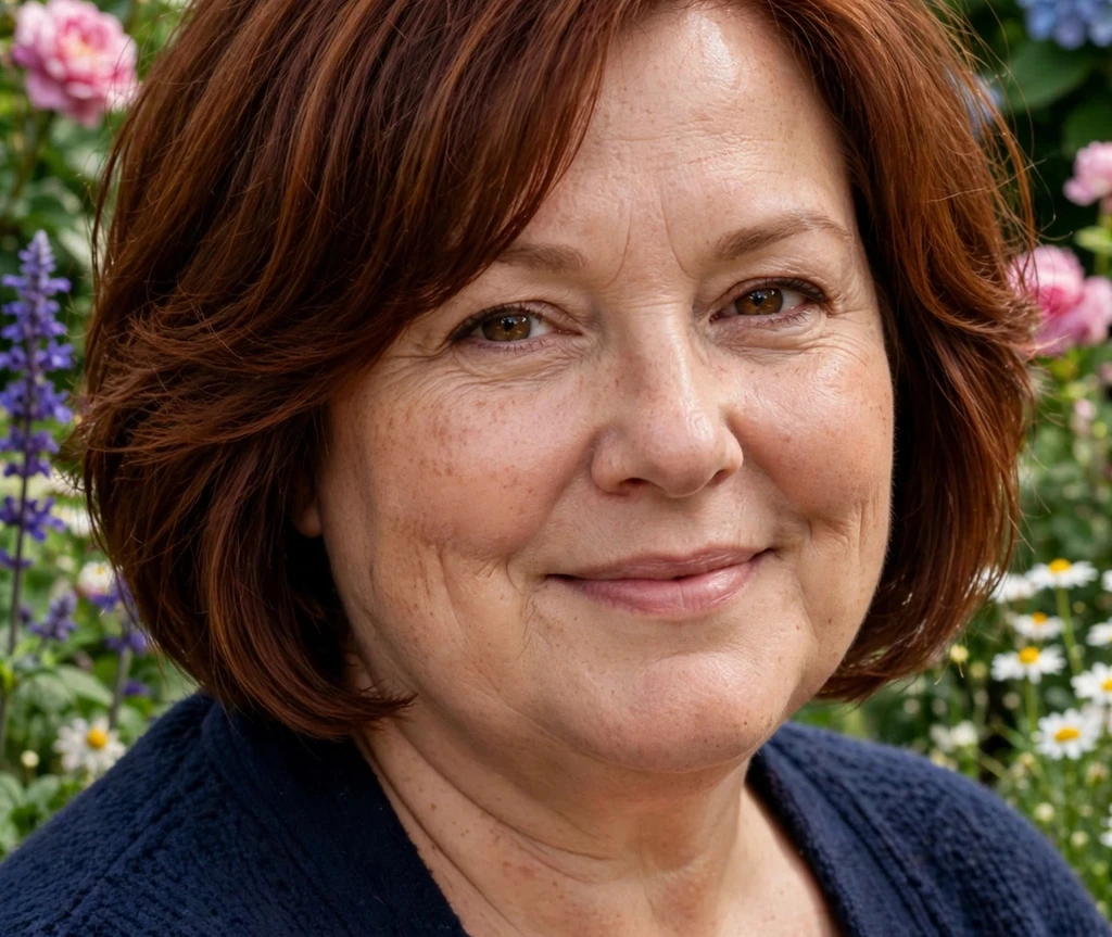 Plus size woman with a chin-length layered bob in auburn hair