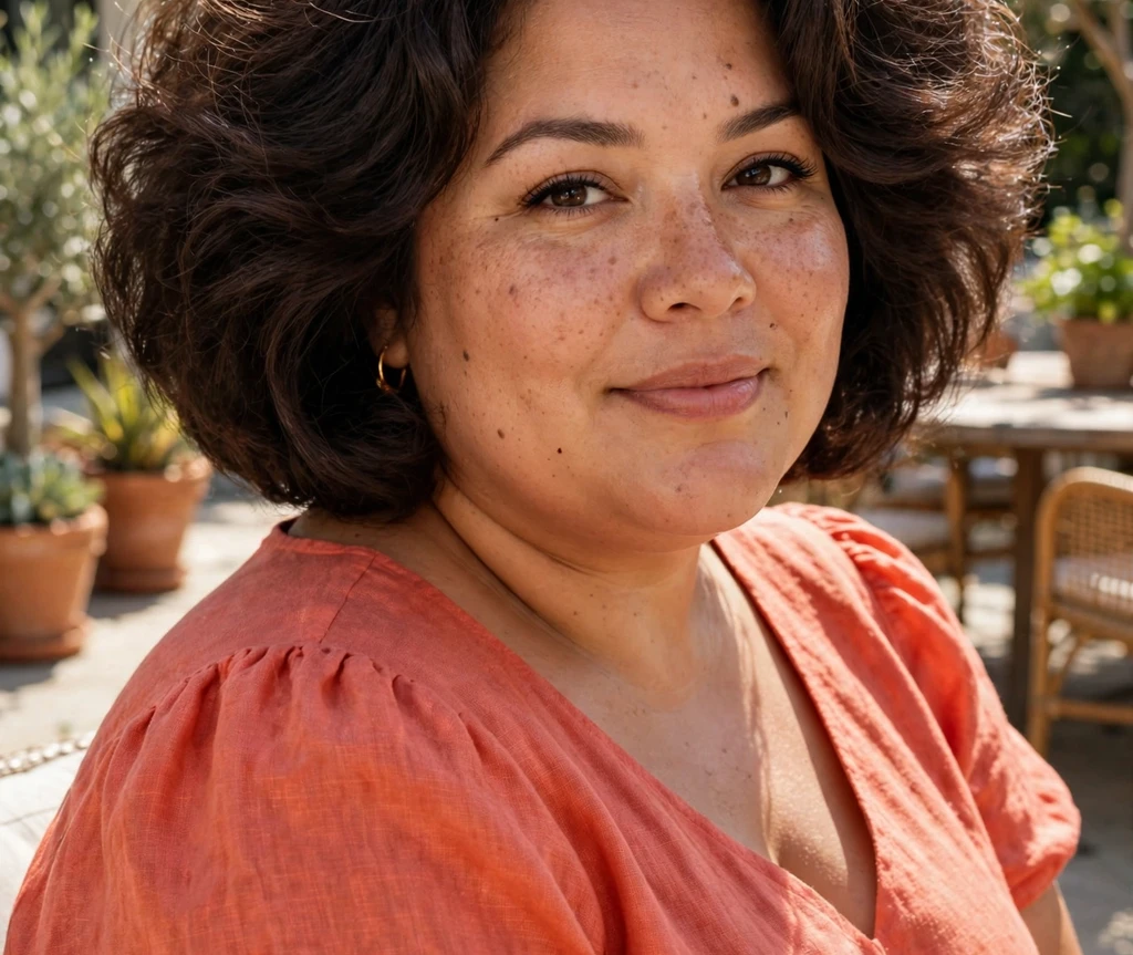 Plus size woman wearing a voluminous rounded bob in dark brown hair