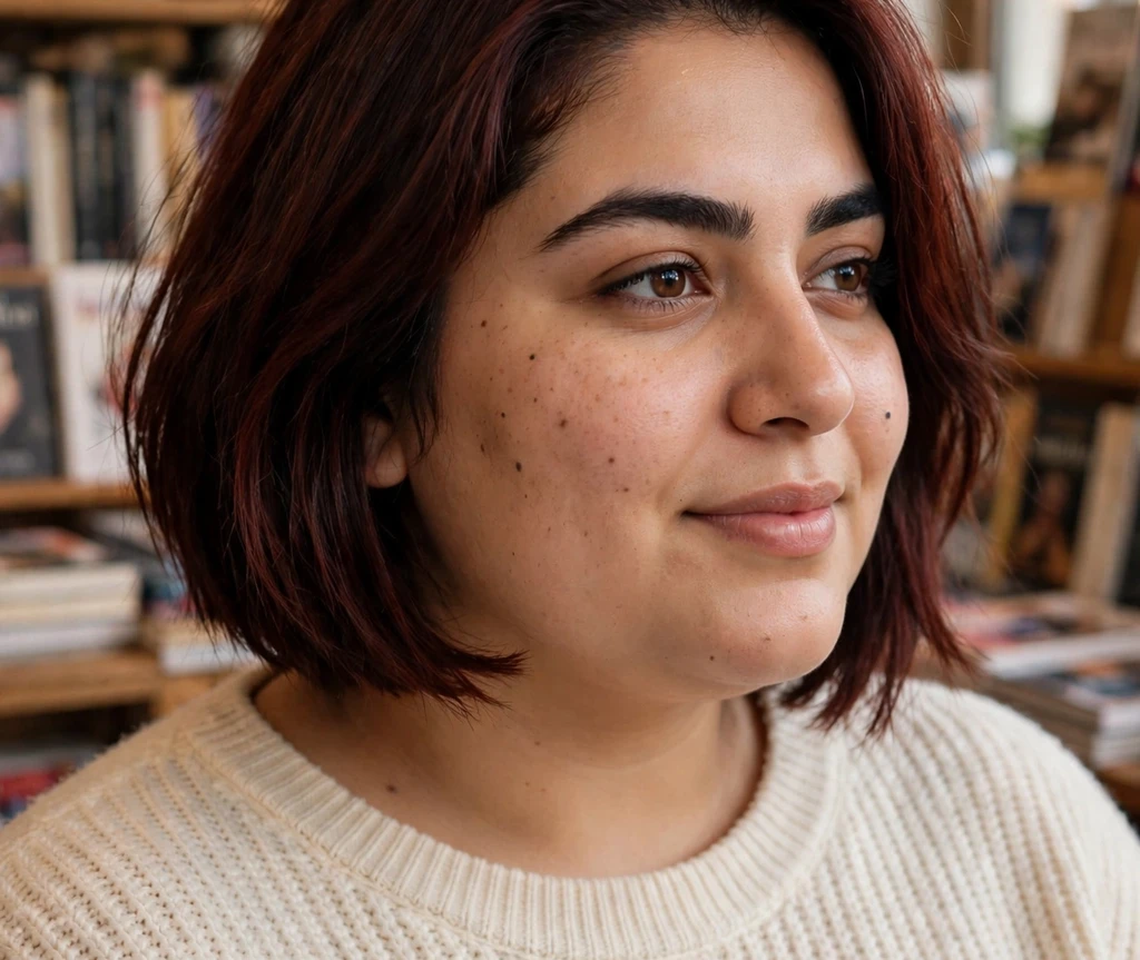 Plus size woman with an A-line bob in dark auburn hair